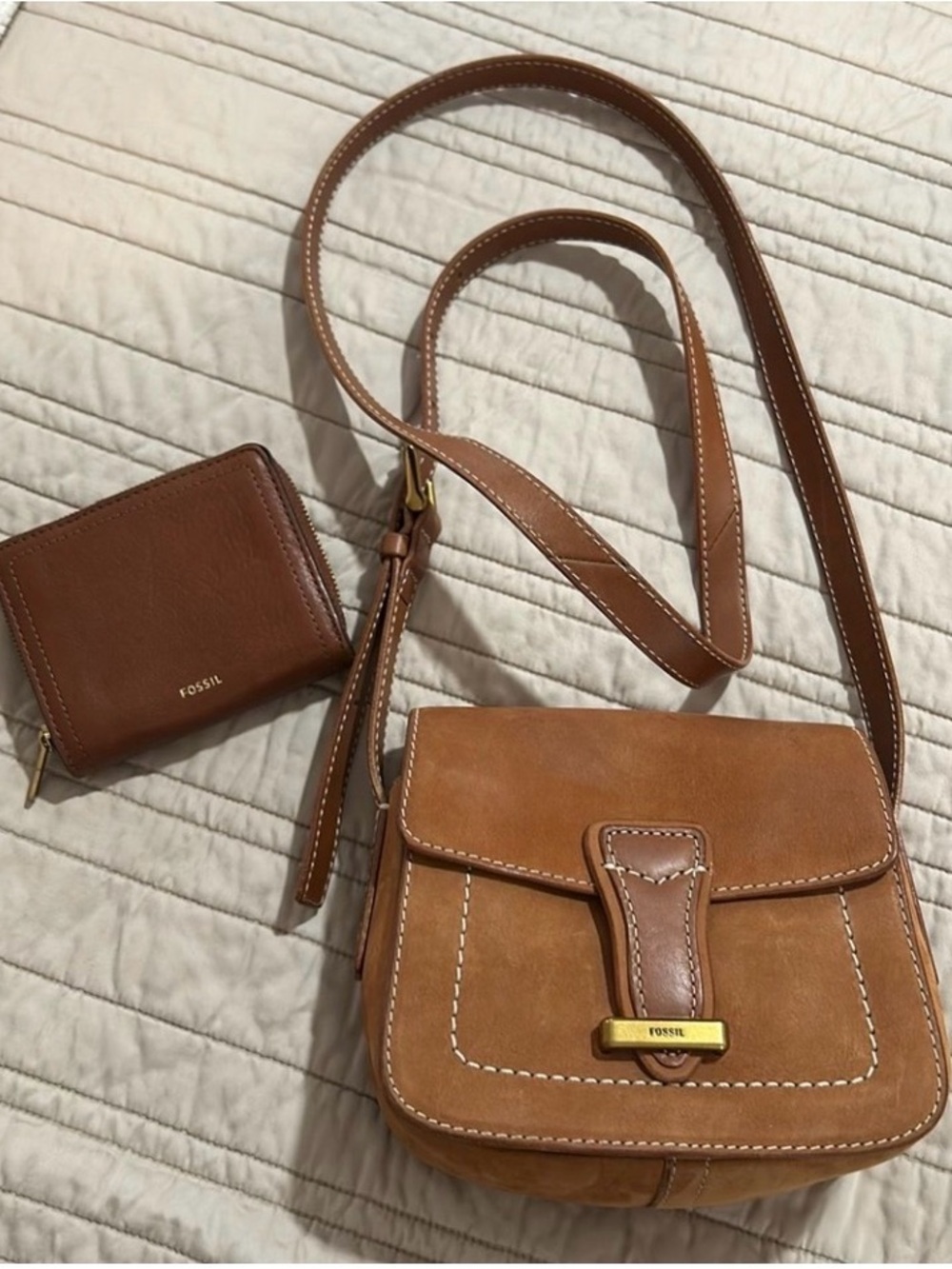 Fossil Tan Leather Crossbody with Matching Wallet Set